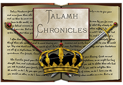 The Talamh coat of arms. Depicts and open book with a crossed sword and scepter. A crown overlays the point where the objects cross. Text reads Talamh Chronicles.